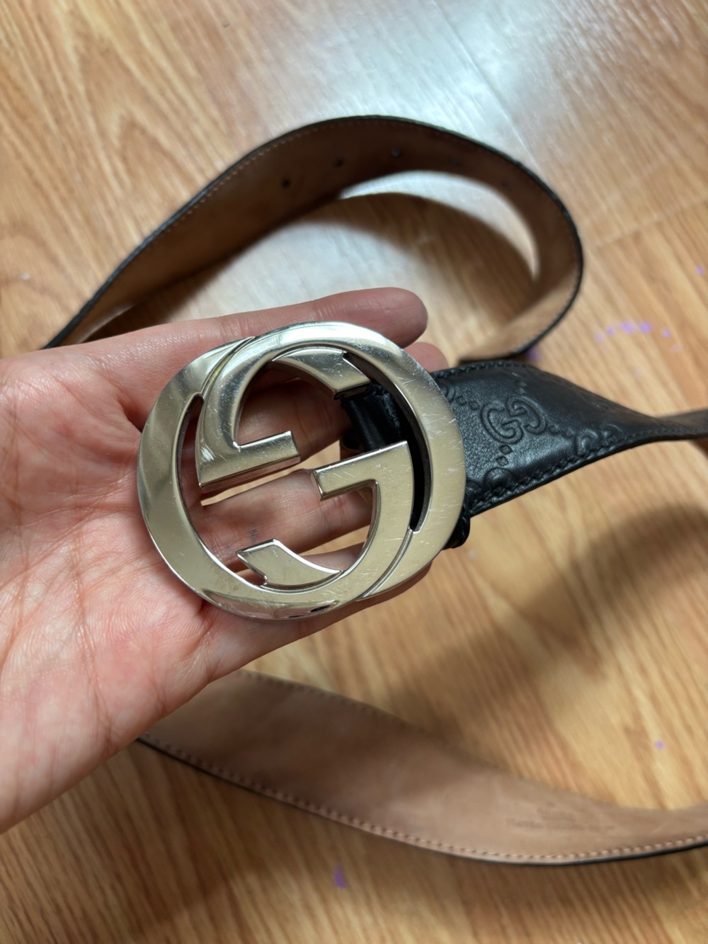 Gucci Black Embossed Leather Belt with Silver Double G Buckle